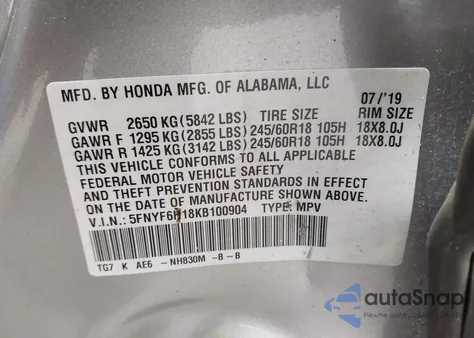 2019 Honda Pilot Lx из США, поврежденный, VIN 5FNYF6H18KB100904